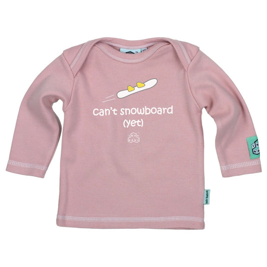 Pink long sleeve t shirt with can't snowboard yet slogan and image of small feet on snowboard