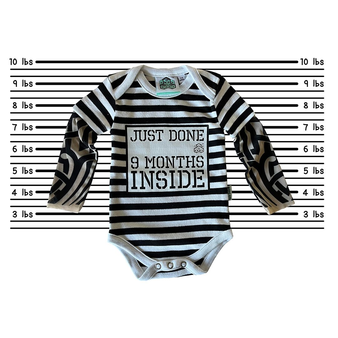 Just Done 9 Months Inside® Baby Tattoo Sleeve Stripy Bodysuit - Funny Baby Gift - Novelty Baby Vest - Lazy Baby