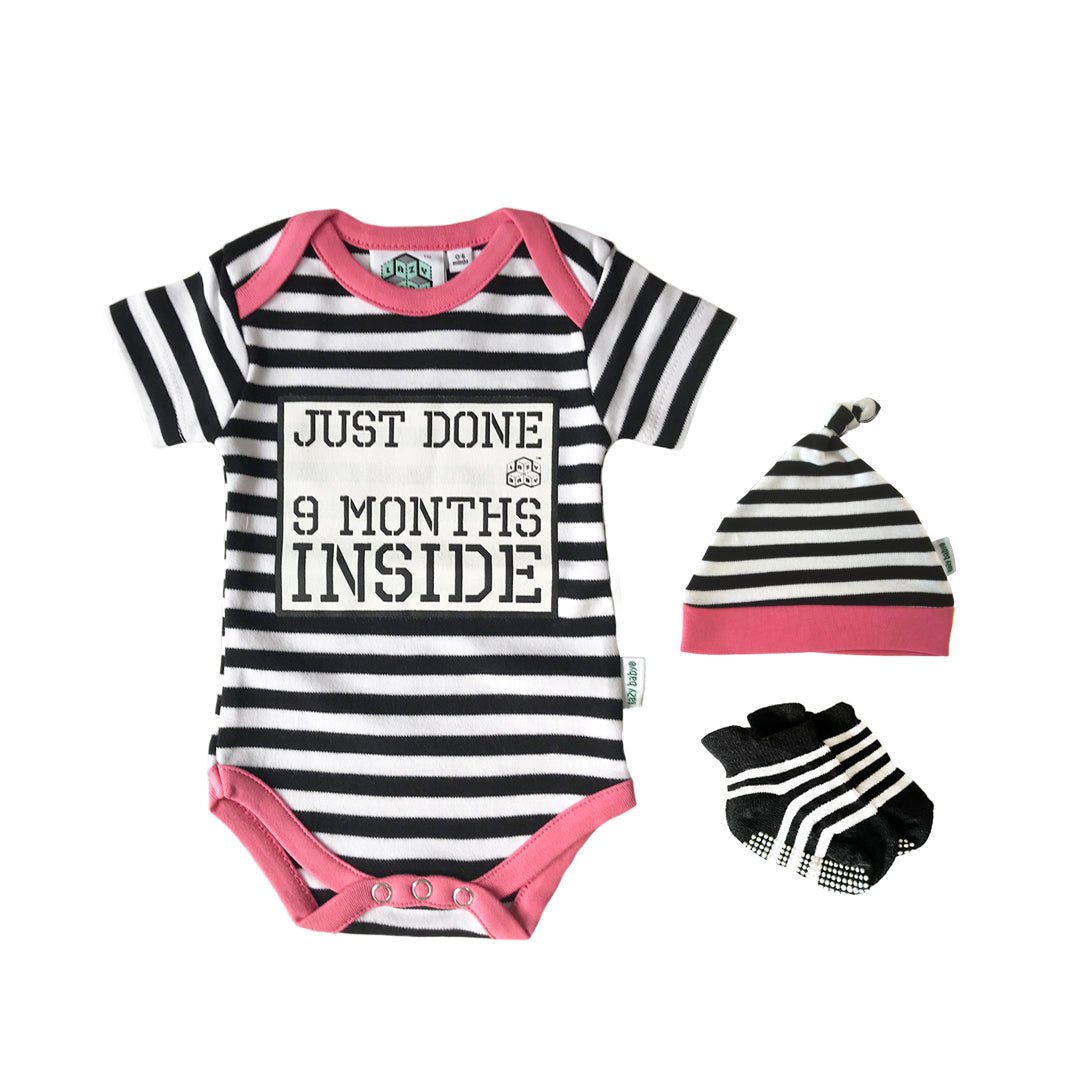 Just Done 9 Months Inside® Onesie Gift Set - Baby Shower Gift - Vest, Hat and Socks Bundle - Lazy Baby