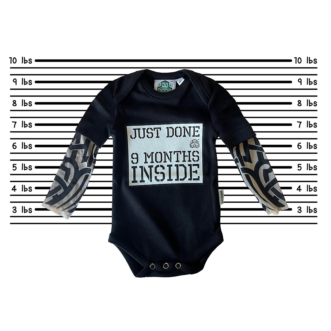Just Done 9 Months Inside® Baby Tattoo Sleeve Bodysuit - Funny Baby Gift - Novelty Baby Vest