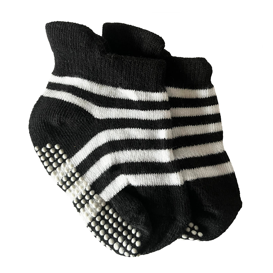 Black and white stripy baby socks with non-grip soles