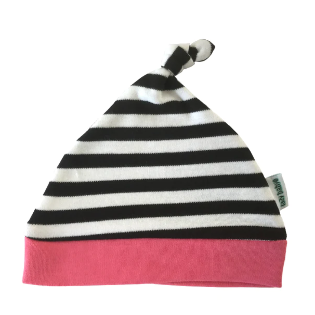 Black and white stripy hat with pink edge trim and knot detail