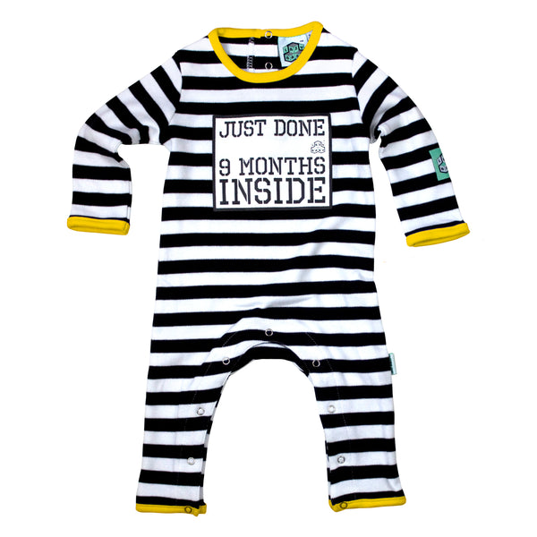 Just Done 9 Months Inside Baby Grow in Black and White Stripes with Yellow edging trim