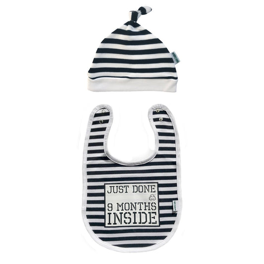 Baby Boy Gift Set Hat and Bib Bundle | Just Done 9 Months Inside® | Funny Baby Gift for Boy - Lazy Baby