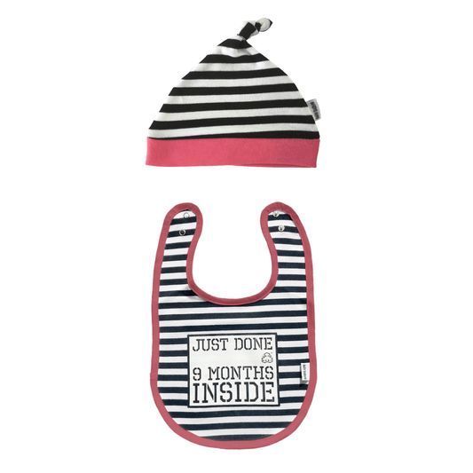 Baby Girl Gift Set Hat and Bib Bundle Just Done 9 Months Inside Cute Baby Gift for Girl - Lazy Baby