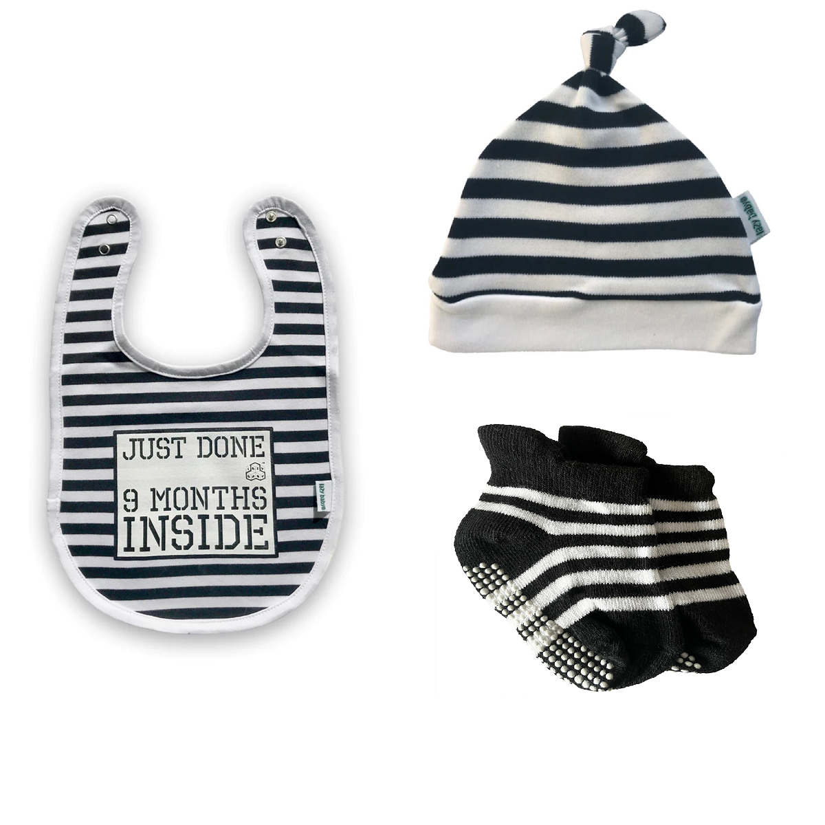 Just Done 9 Months Inside bib with stripy black and white hat and socks
