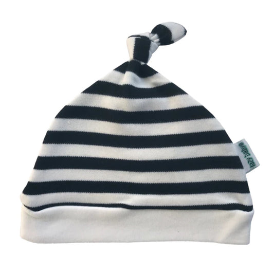 Stripy baby hat black and white with knot detail and Lazy Baby label