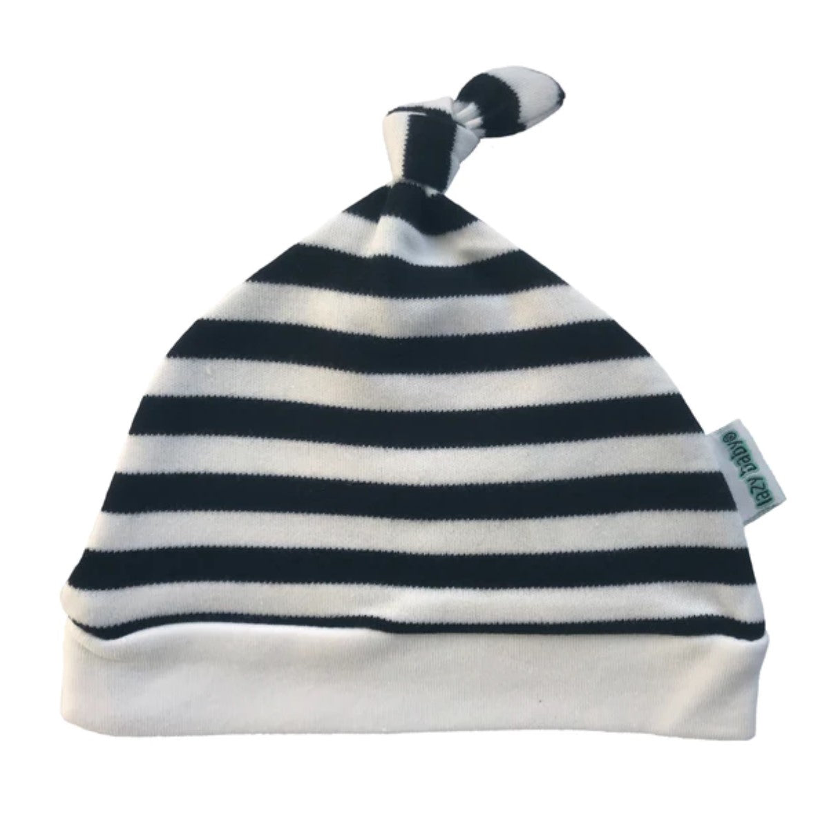 Stripy baby hat black and white with knot detail and Lazy Baby label