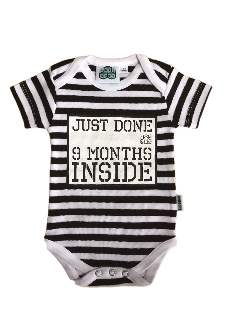 Just Done 9 Months Inside slogan vest in black and white stripes
