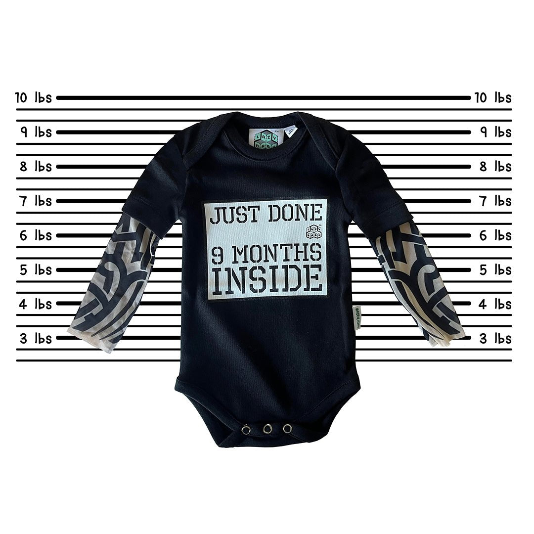 Just Done 9 Months Inside® Baby Tattoo Sleeve Bodysuit - Funny Baby Gift - Novelty Baby Vest - Lazy Baby