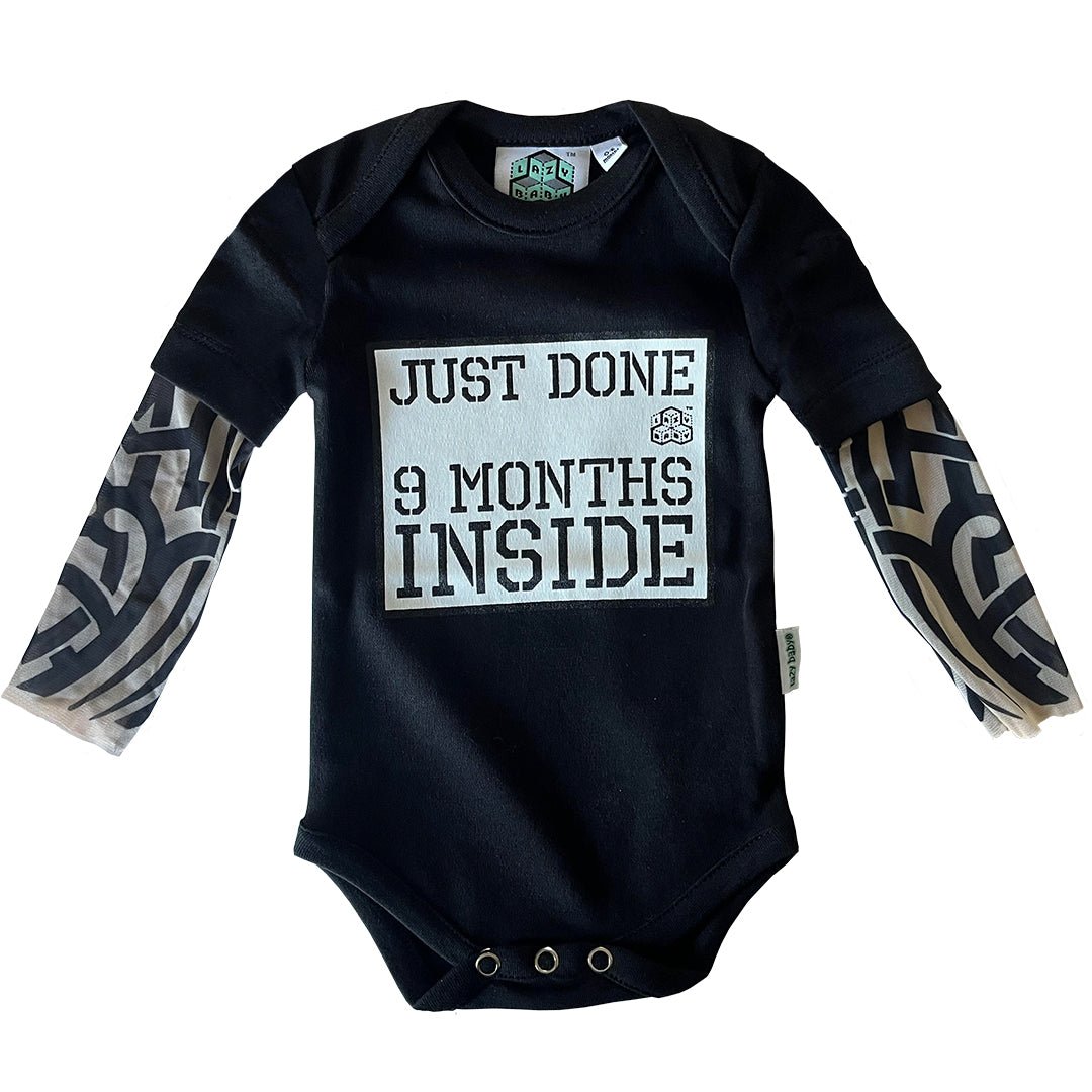 Just Done 9 Months Inside® Baby Tattoo Sleeve Bodysuit - Funny Baby Gift - Novelty Baby Vest - Lazy Baby