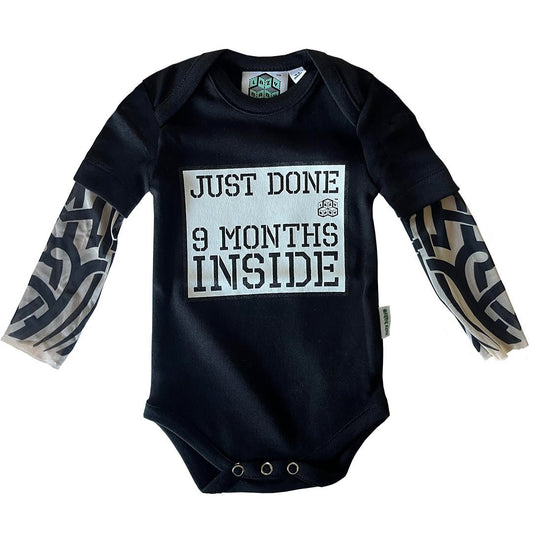 Just Done 9 Months Inside® Baby Tattoo Sleeve Bodysuit - Funny Baby Gift - Novelty Baby Vest - Lazy Baby