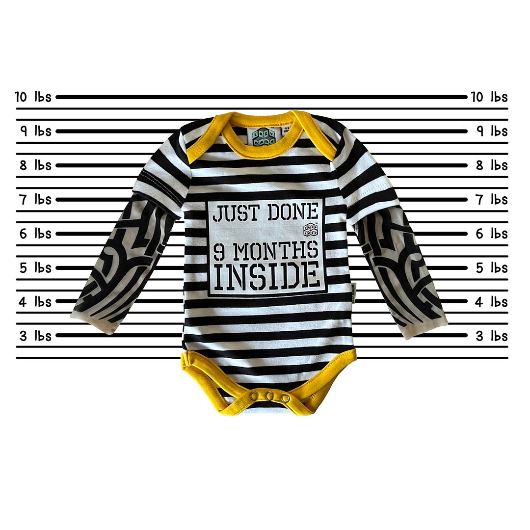 Just Done 9 Months Inside® Baby Tattoo Sleeve Stripy Bodysuit - Funny Baby Gift - Novelty Baby Vest - Lazy Baby