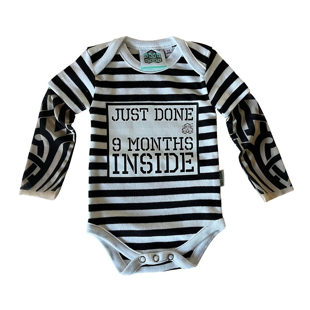Just Done 9 Months Inside® Baby Tattoo Sleeve Stripy Bodysuit - Funny Baby Gift - Novelty Baby Vest - Lazy Baby