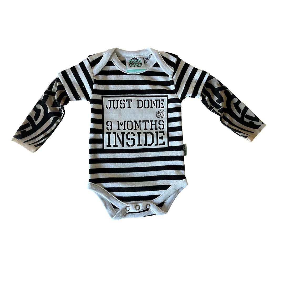 Just Done 9 Months Inside® Baby Tattoo Sleeve Stripy Bodysuit - Funny Baby Gift - Novelty Baby Vest - Lazy Baby