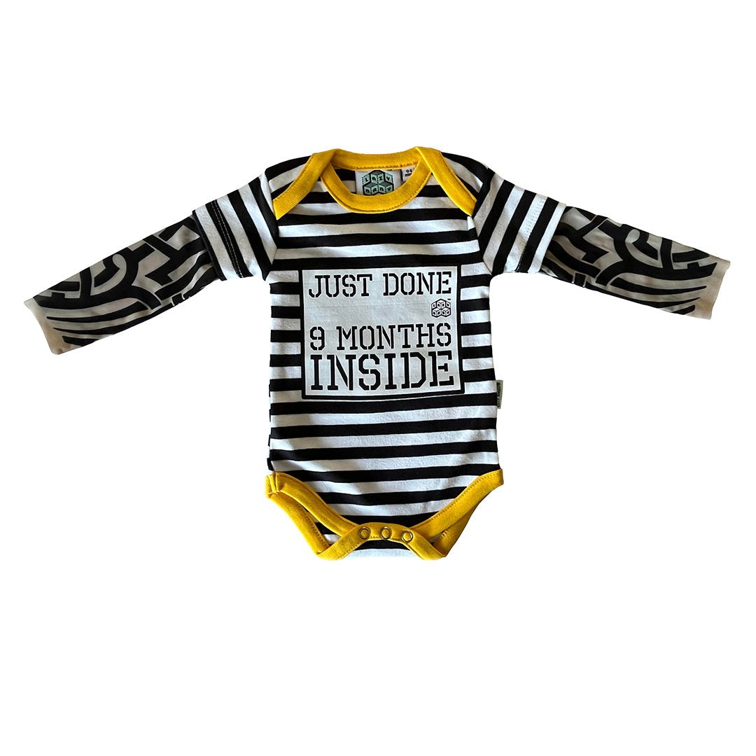Just Done 9 Months Inside® Baby Tattoo Sleeve Stripy Bodysuit - Funny Baby Gift - Novelty Baby Vest - Lazy Baby