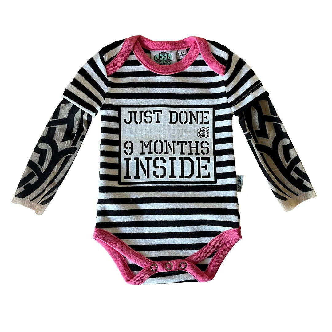 Just Done 9 Months Inside® Baby Tattoo Sleeve Stripy Bodysuit - Funny Baby Gift - Novelty Baby Vest - Lazy Baby