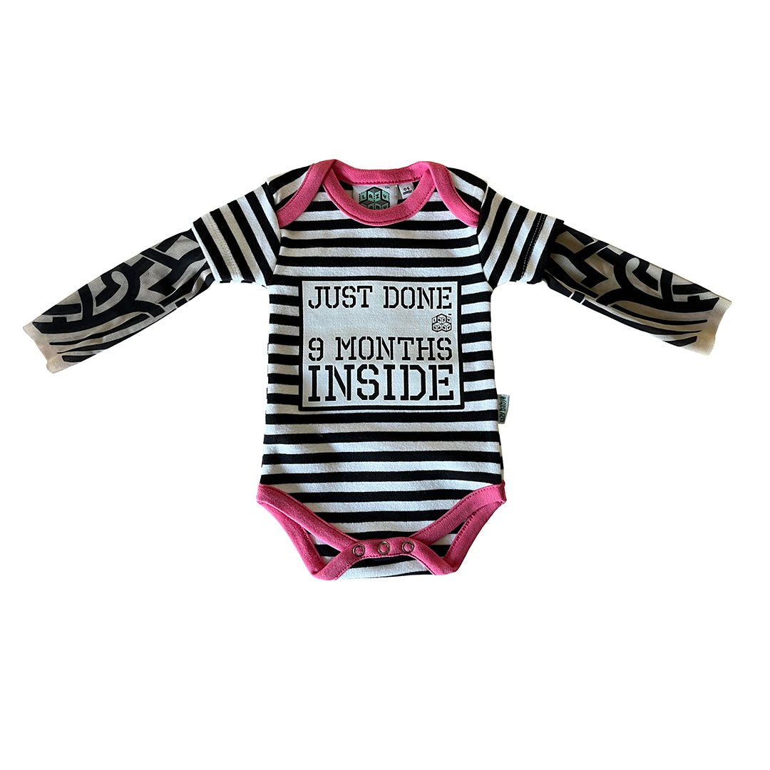 Just Done 9 Months Inside® Baby Tattoo Sleeve Stripy Bodysuit - Funny Baby Gift - Novelty Baby Vest - Lazy Baby