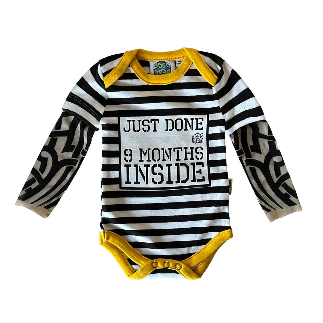 Just Done 9 Months Inside® Baby Tattoo Sleeve Stripy Bodysuit - Funny Baby Gift - Novelty Baby Vest - Lazy Baby