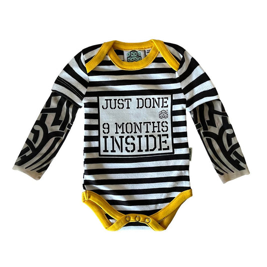 Just Done 9 Months Inside® Baby Tattoo Sleeve Stripy Bodysuit - Funny Baby Gift - Novelty Baby Vest - Lazy Baby