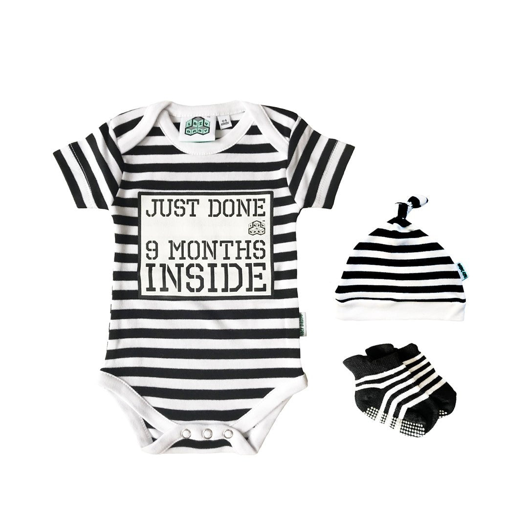 Just Done 9 Months Inside® Onesie Gift Set - Baby Shower Gift - Vest, Hat and Socks Bundle - Lazy Baby