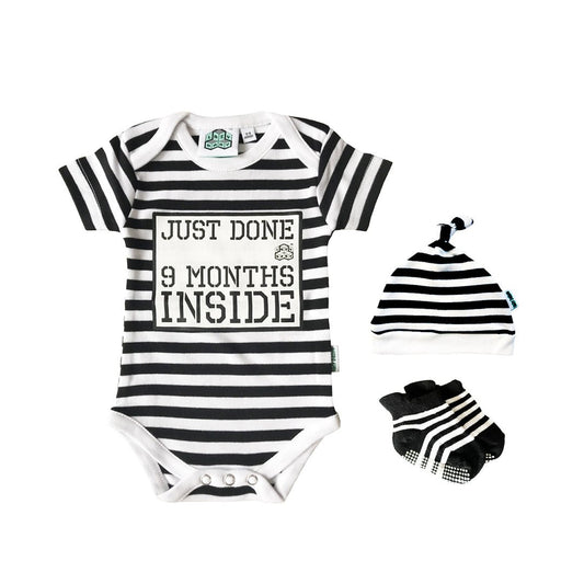 Just Done 9 Months Inside® Onesie Gift Set - Baby Shower Gift - Vest, Hat and Socks Bundle - Lazy Baby