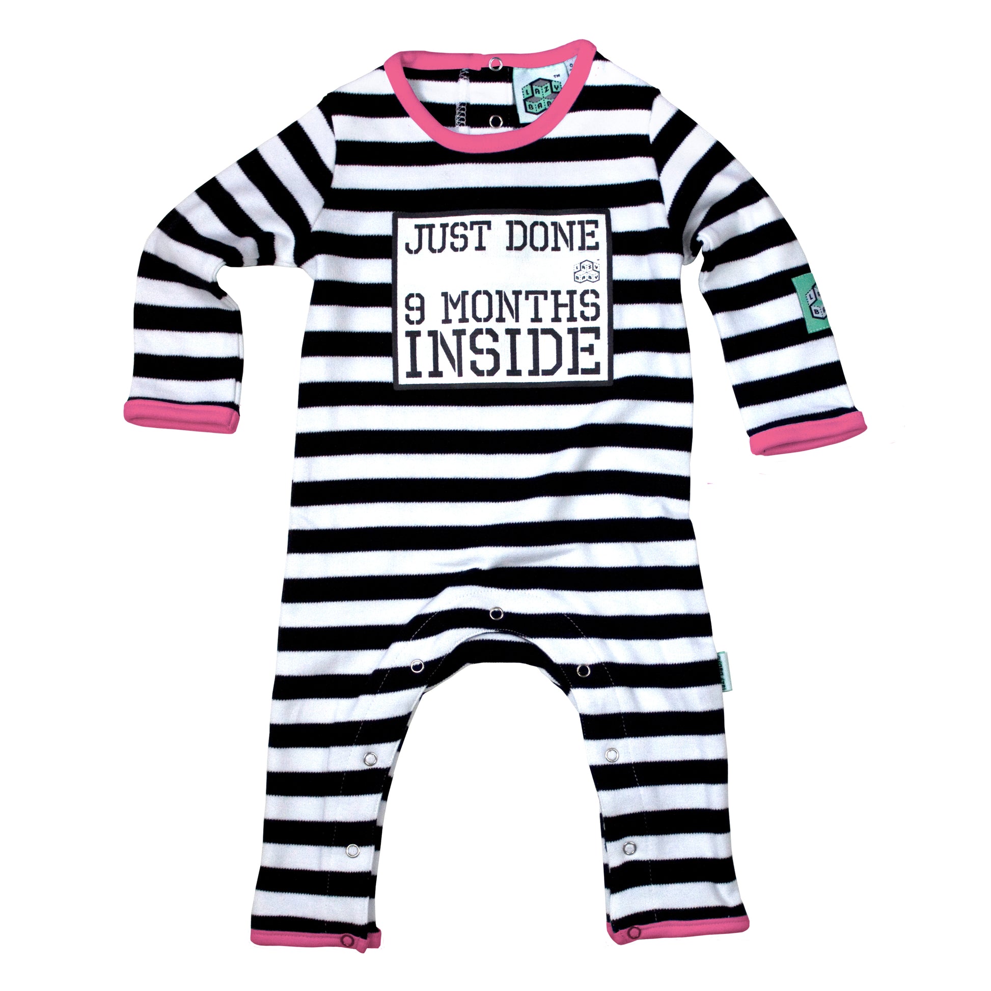 Just Done 9 Months Inside slogan baby grow black white stripes with pink edging