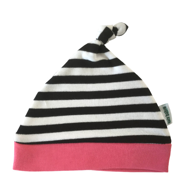 Black and white striped hat with knot detail and pink band 