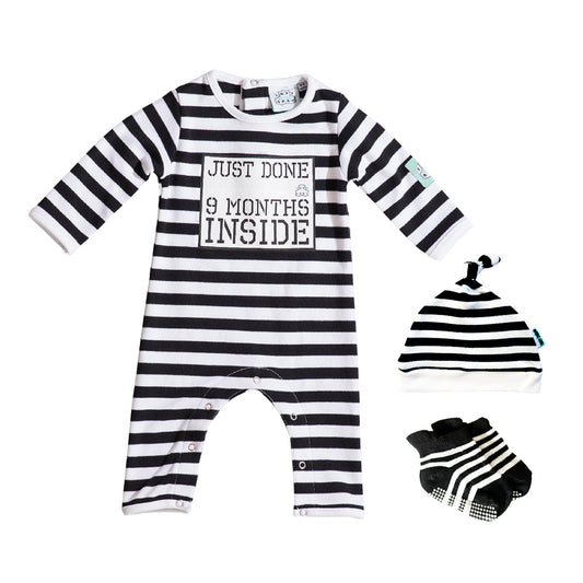 Just Done 9 Months Inside slogan baby grow with matching hat and socks in black and white stripes