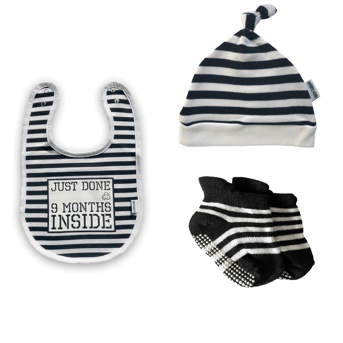 New Born Baby Essentials Gift Set Baby Hat, Bib and Socks Just Done 9 Months Inside Funny Baby Gift - Lazy Baby