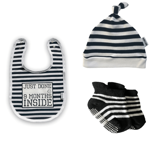 New Born Baby Essentials Gift Set Baby Hat, Bib and Socks Just Done 9 Months Inside Funny Baby Gift - Lazy Baby