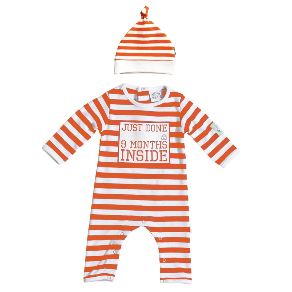 Just Done 9 Months Inside slogan baby grow and hat in orange and white stripes