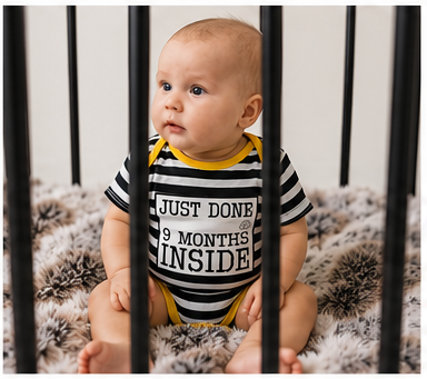 Baby sitting in a cot behind bars wearing a Just Done 9 Months Inside vest 