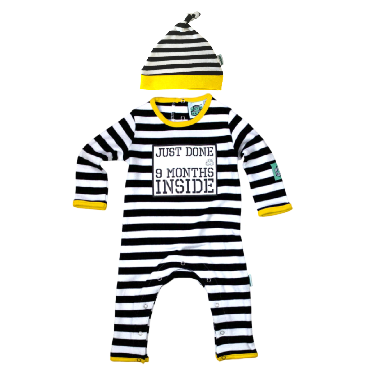 Black and white striped baby romper with 'Just Done 9 Months Inside' text and matching hat with yellow trim