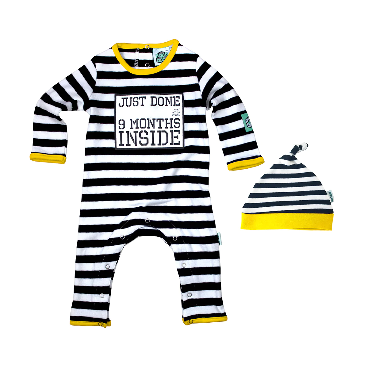 Just Done 9 Months Inside black and white striped baby grow with yellow edging and matching hat