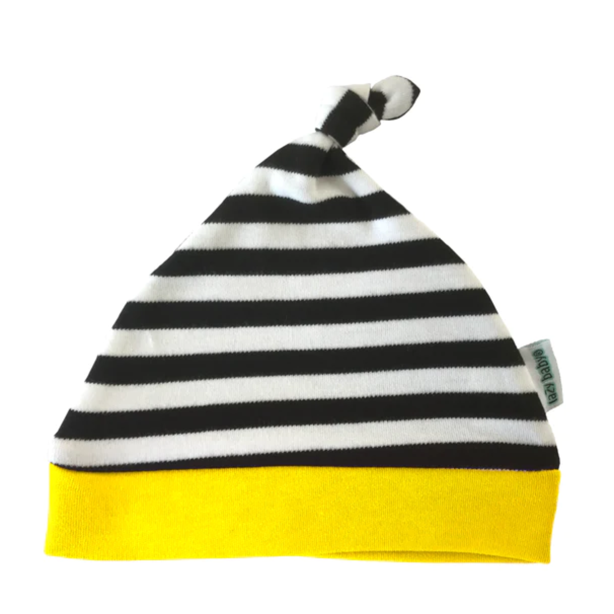 Black and white stripy hat with yellow edge trim and knot detail
