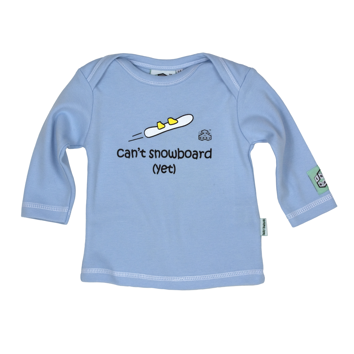 Blue long sleeve t-shirt featuring can't snowboard yet slogan and image of feet on snowboard
