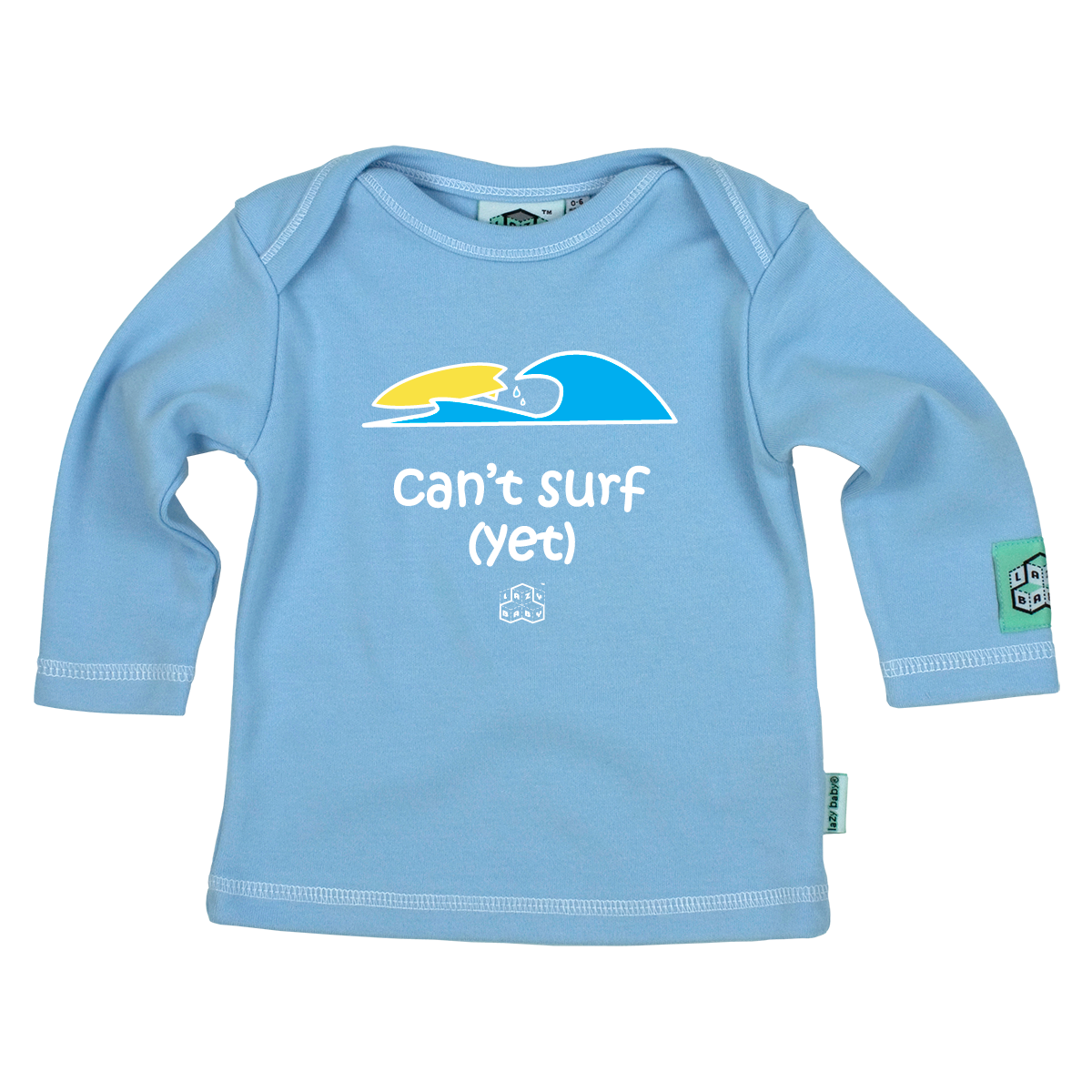 blue long sleeve tee featuring can't surf yet slogan and picture of surfboard riding wave