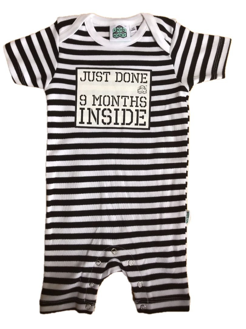 Baby Shower Gift Just Done 9 Months Inside® Short  Sleep Suit - Black/White by Lazy Baby® - Lazy Baby