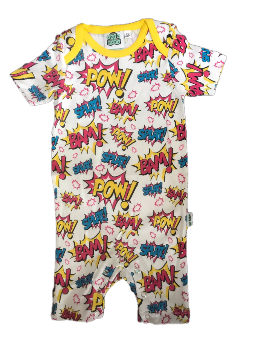 Baby short sleeve romper suit with Pow! Bam! Splat! comic words printed on