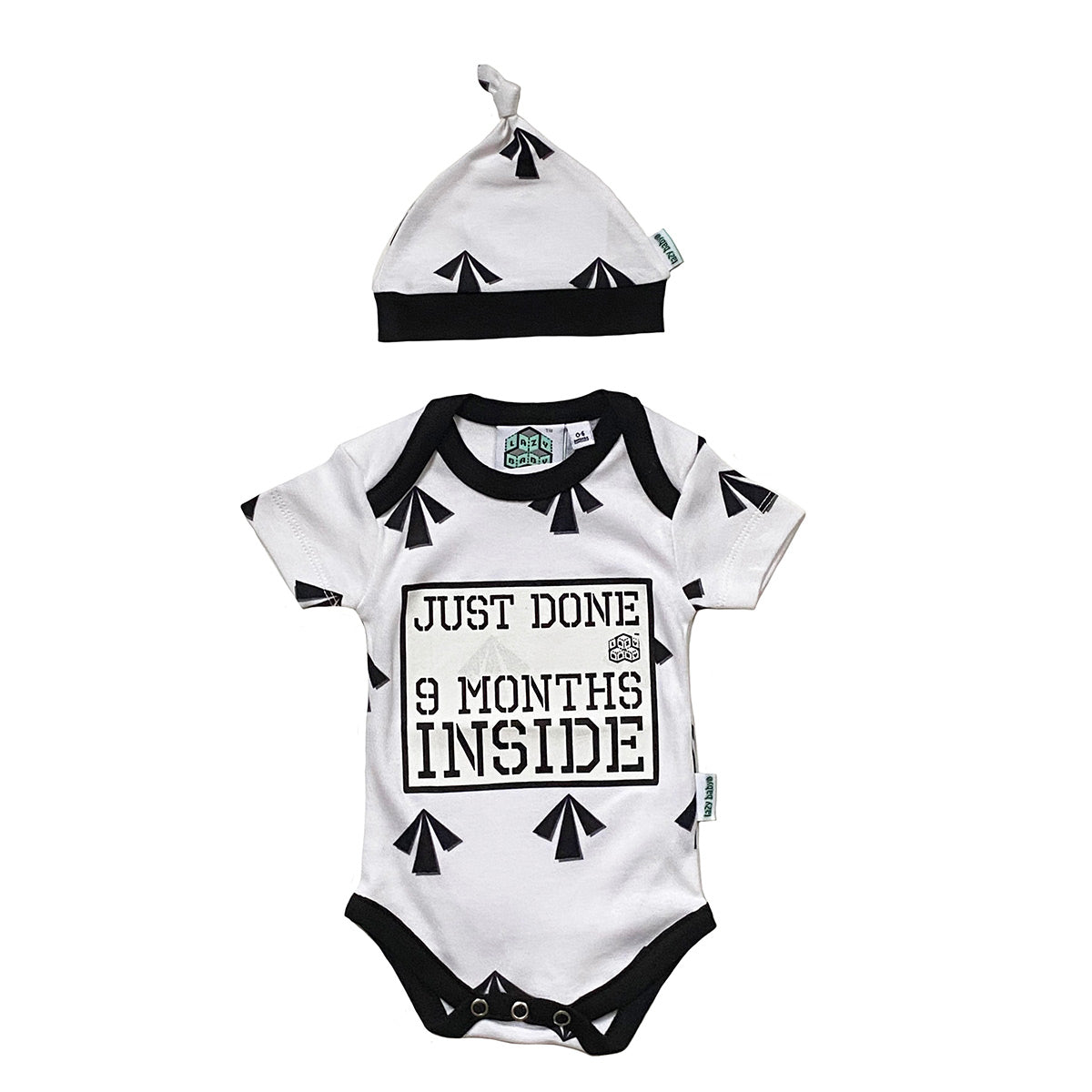 Just Done 9 Months Inside slogan vest with prisoner arrows design and matching hat, both black and white