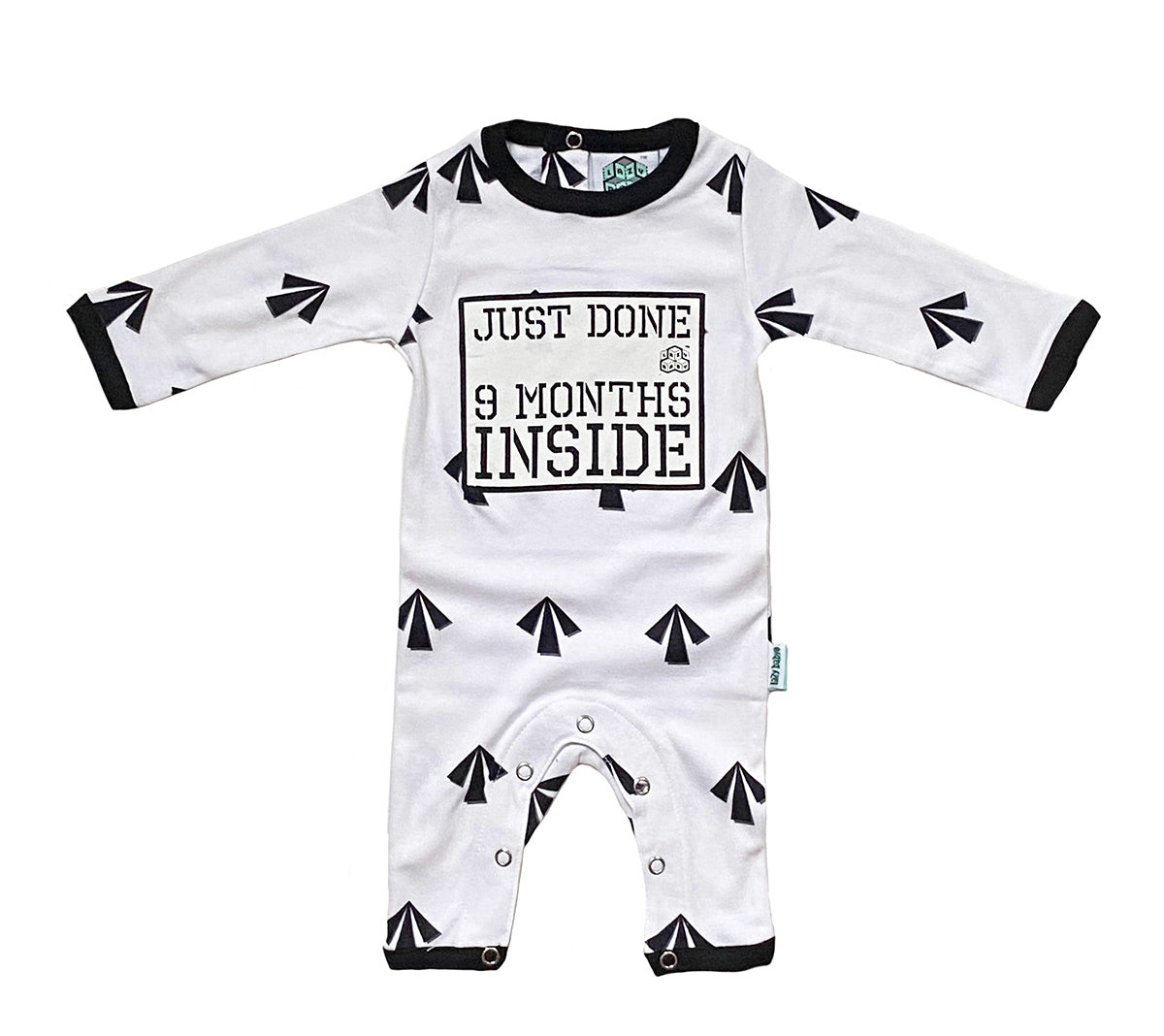 Just Done 9 Months Inside slogan baby grow with arrows design - black arrows on white baby grow