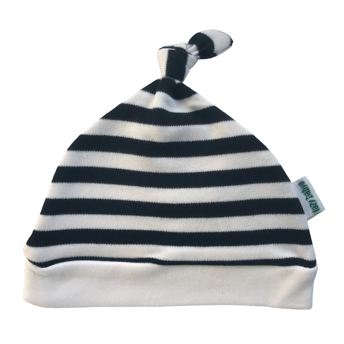 Black and white stripy hat with knot detail at the top