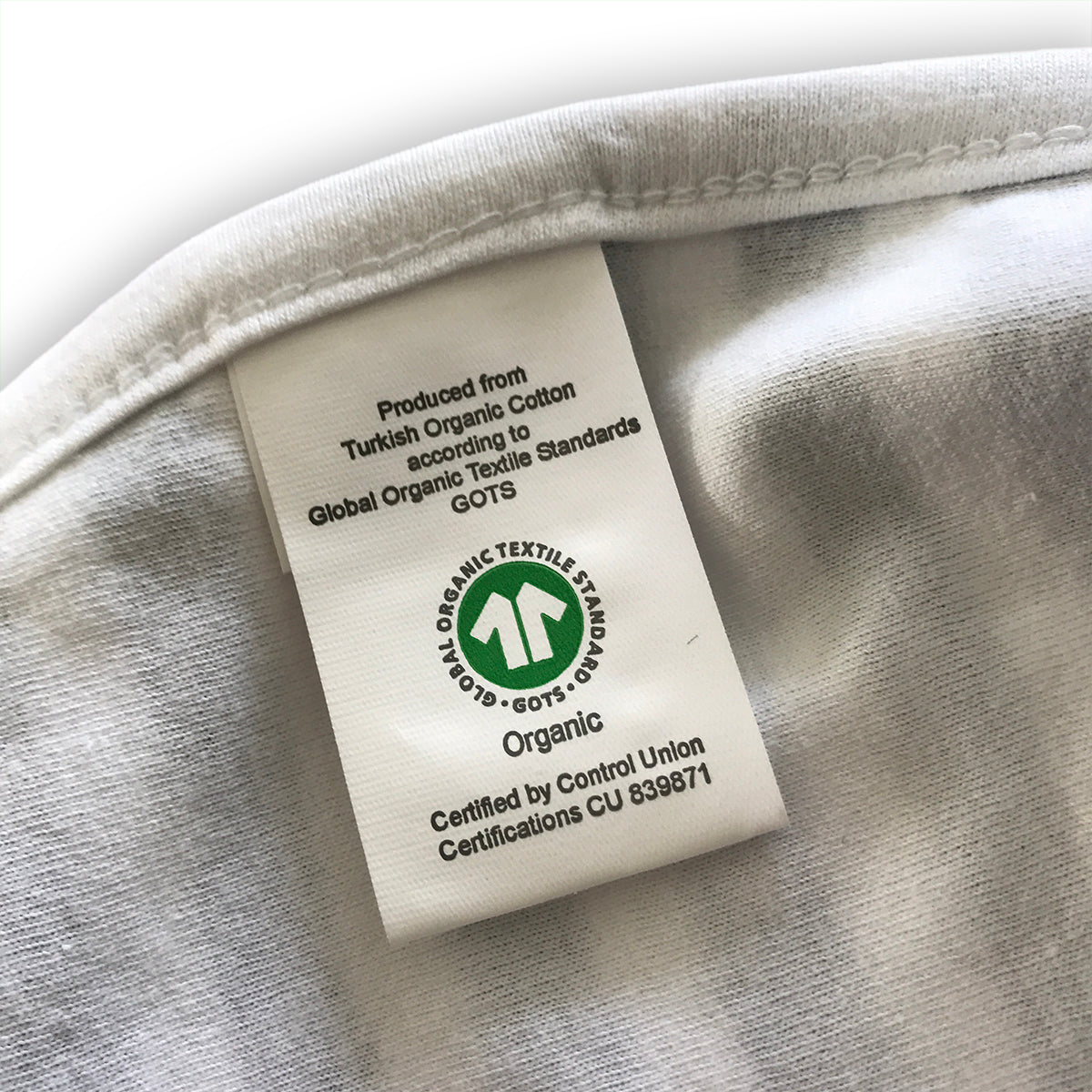 Label stating 'produced from Turkish Organic cotton according to Global Organic Textile Standards'