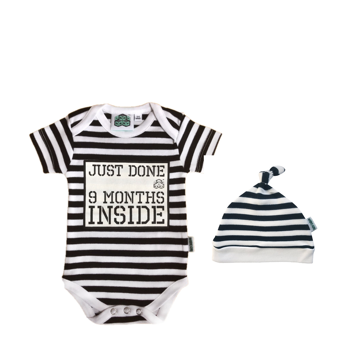 Just Done 9 Months Inside® Romper & Hat in black and white stripes