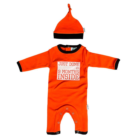 New Baby Announcement Outfit - Just Done 9 Months Inside® Orange Baby Grow Prison Outfit - Lazy Baby® - Lazy Baby